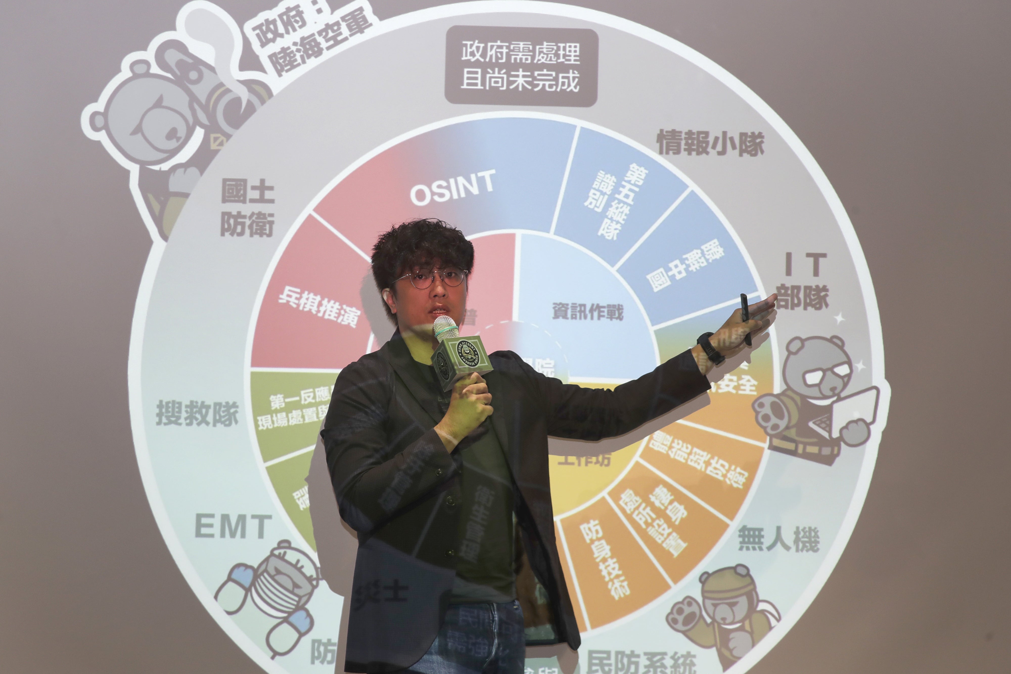 Puma Shen stands in front of a projected slide