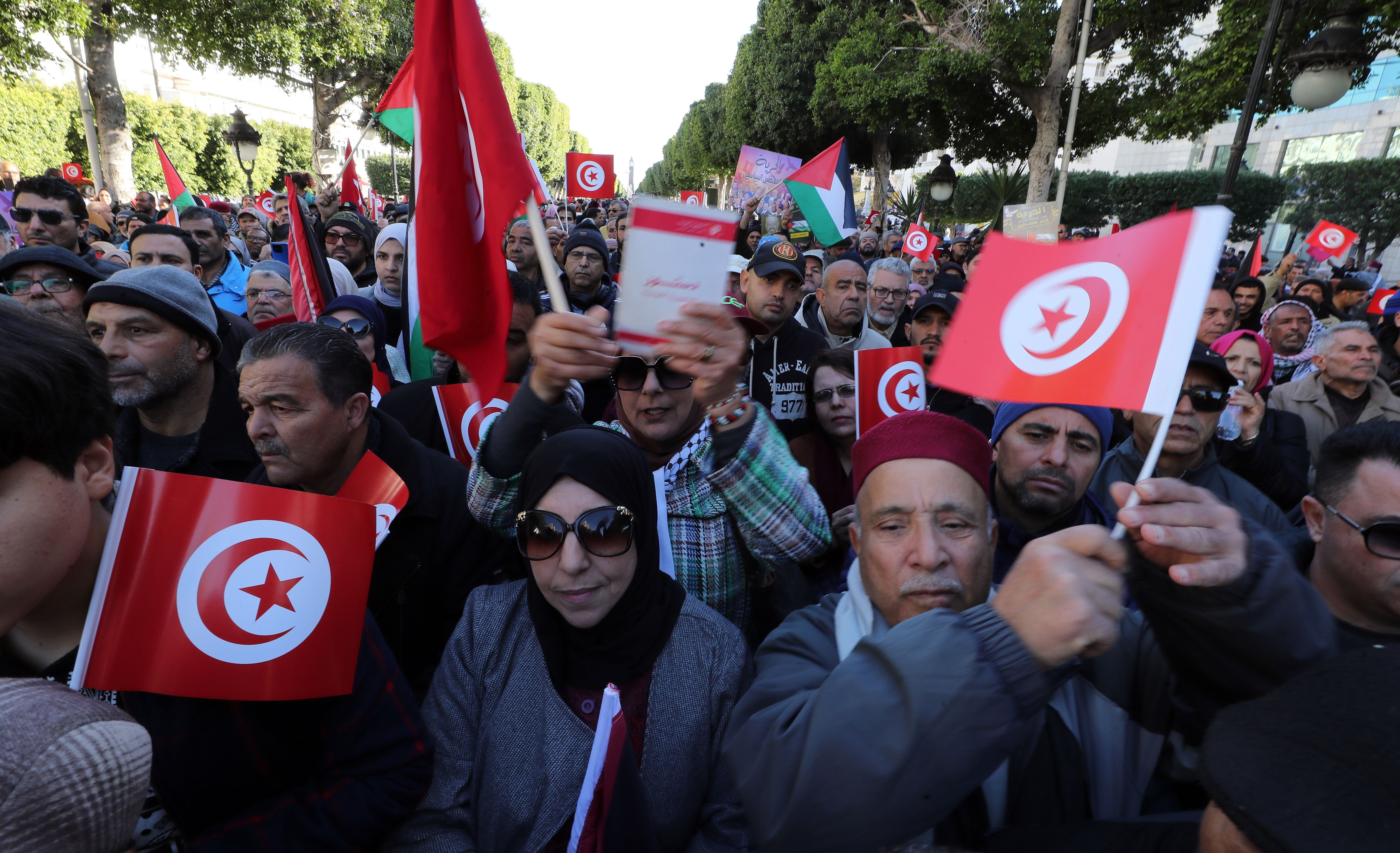 Protestors take part in a rally organized by the Tunisian National Salvation Front opposition coalition to mark the 13th anniversary of the 2011 uprising, in Tunis, January 14, 2024.