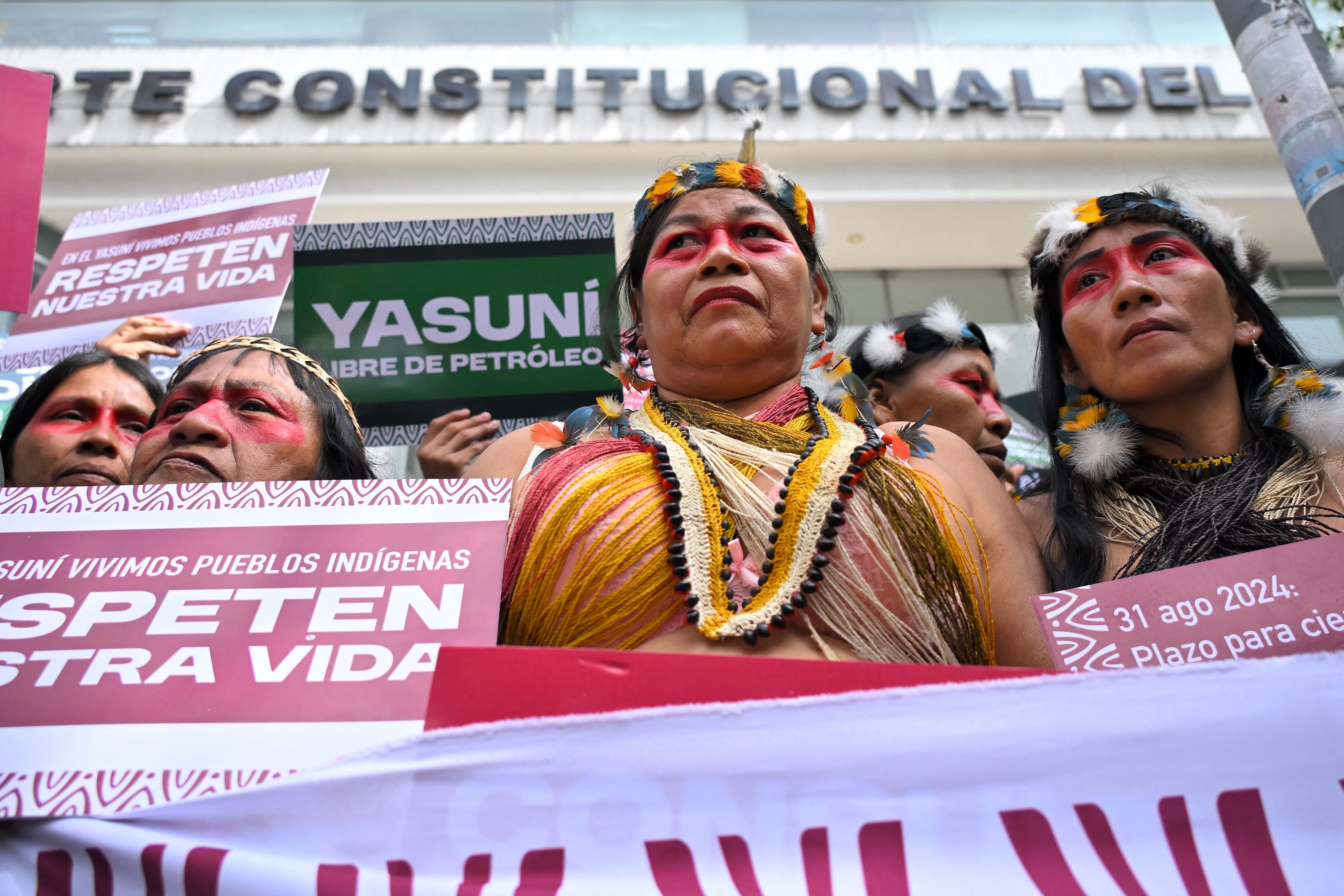 Waorani Indigenous leaders protest in front of the Constitutional Court in Quito on August 20, 2025, two years after a key victory for climate democracy in an Indigenous-led referendum to halt exploitation of an oil block in Yasuni National Park. 