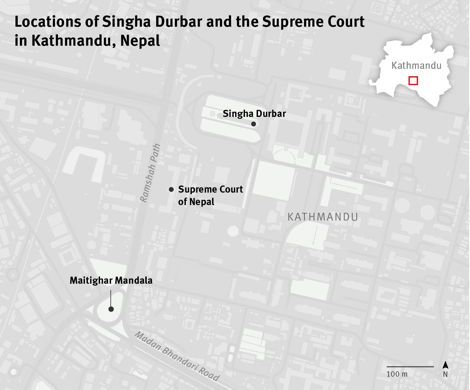 A map depicting the locations of the supreme court, Singha Durbar, and Maitighar Mandala in Kathmandu.