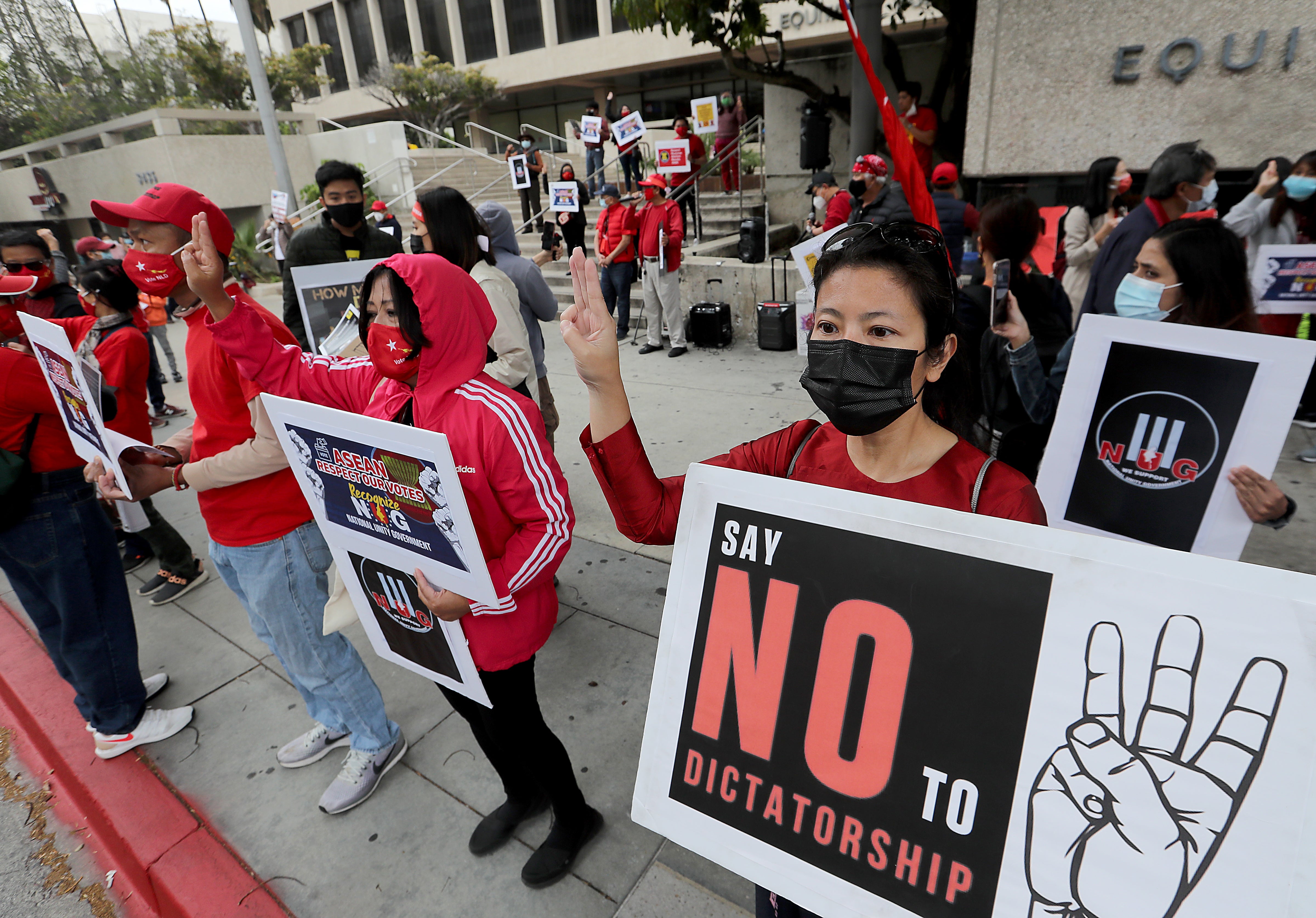 Members of the Burmese-American community demonstrate outside the Consulate General of Myanmar in Los Angeles, April 24, 2021.