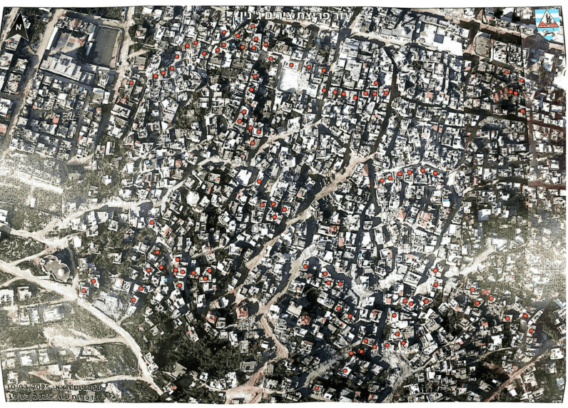 Aerial image accompanying the March 19, 2025 demolition order marking in red 95 buildings slated for demolition by the Israeli military in the Jenin refugee camp in the northern West Bank