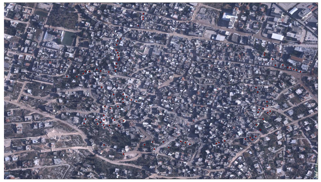 Aerial image accompanying the June 9, 2025 demolition order marking in red 104 buildings slated for demolition by the Israeli military in the Jenin refugee camp in the northern West Bank