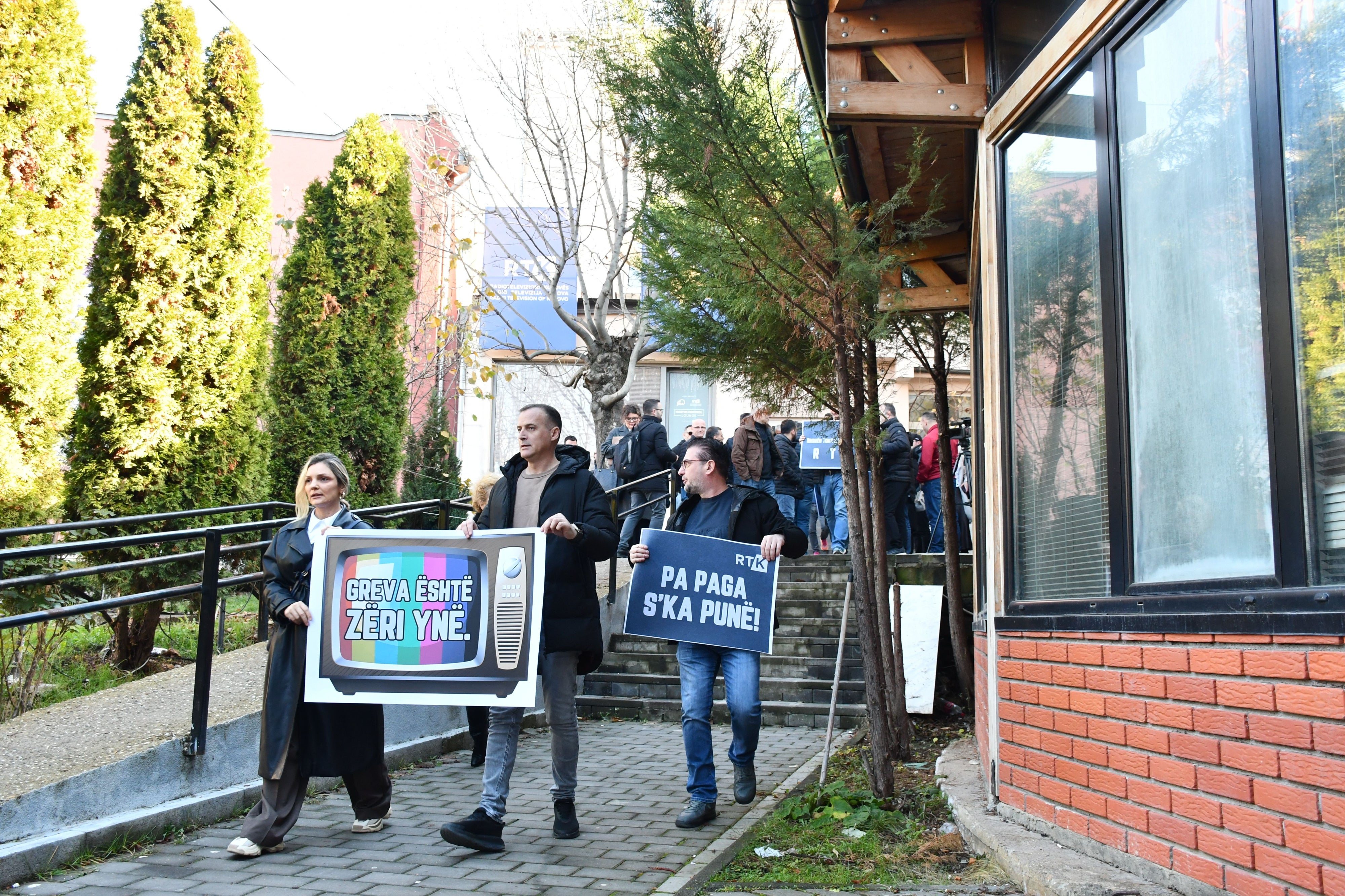 Around 700 employees of Kosovo's public broadcaster, RTK, launch a strike after failing to receive their salaries for October in Pristina, Kosovo on November 24, 2025. 