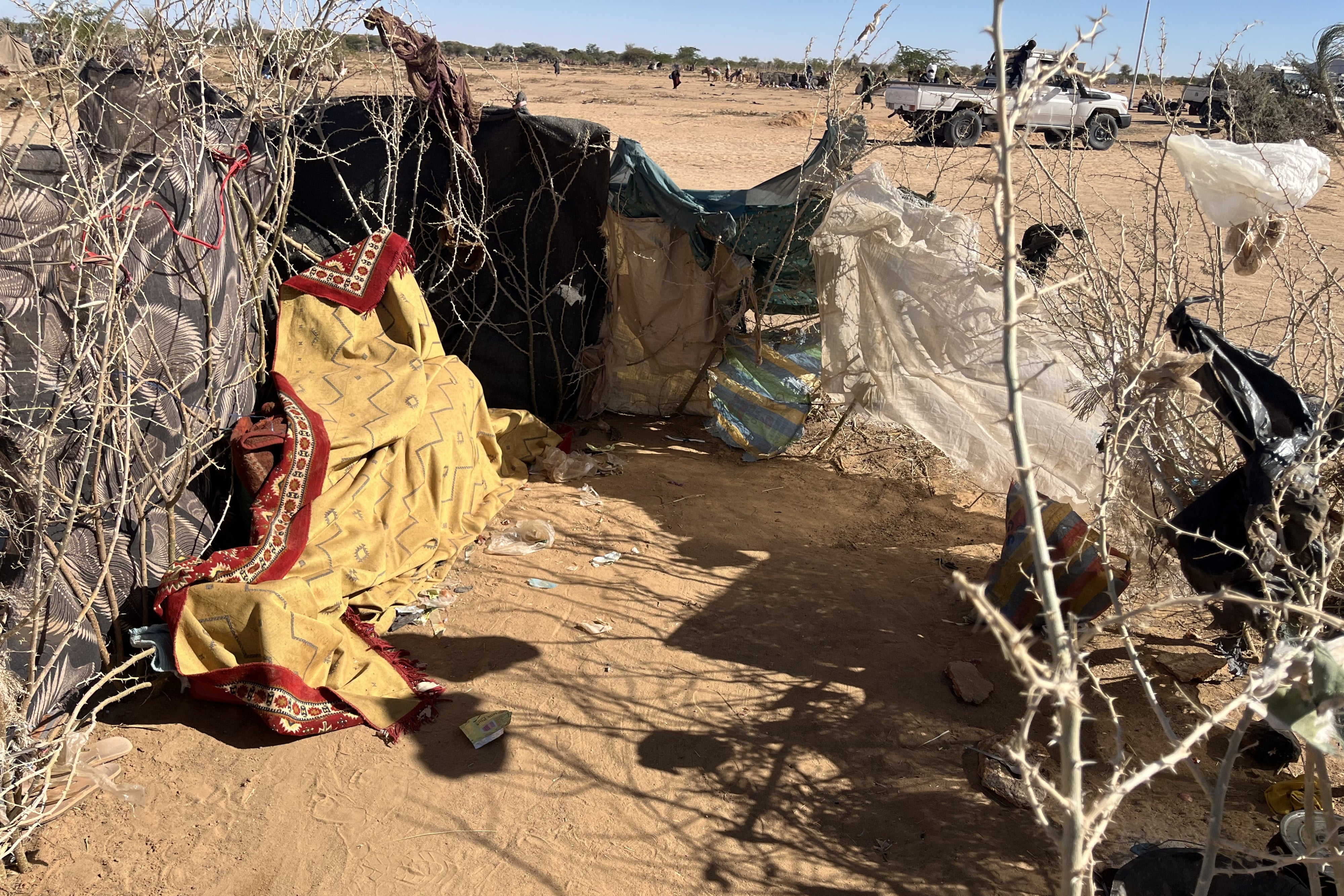 A makeshift shelter at a refugee camp