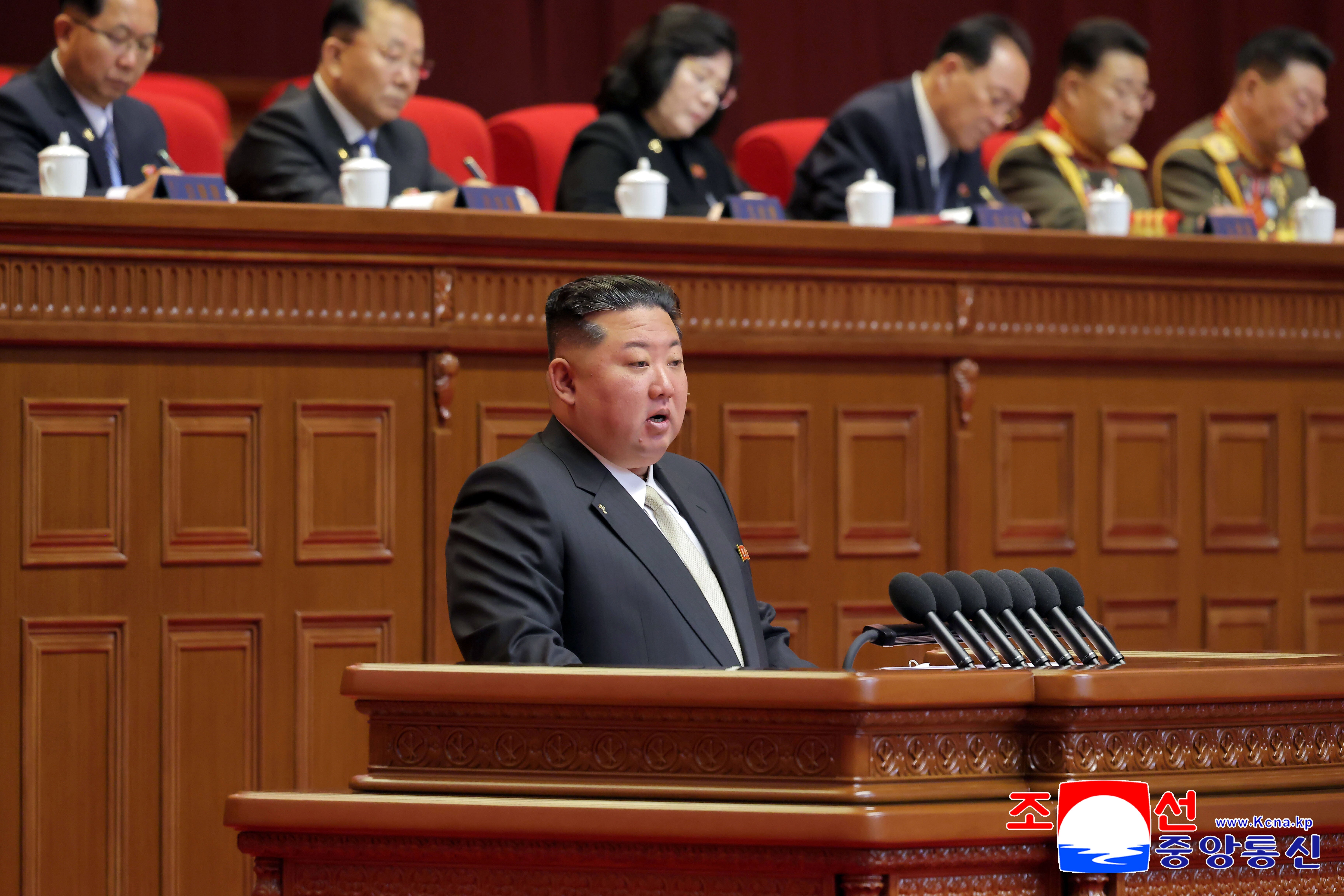 North Korean leader Kim Jong Un delivers a speech during the ruling Workers’ Party Congress in Pyongyang, February 19, 2026. 