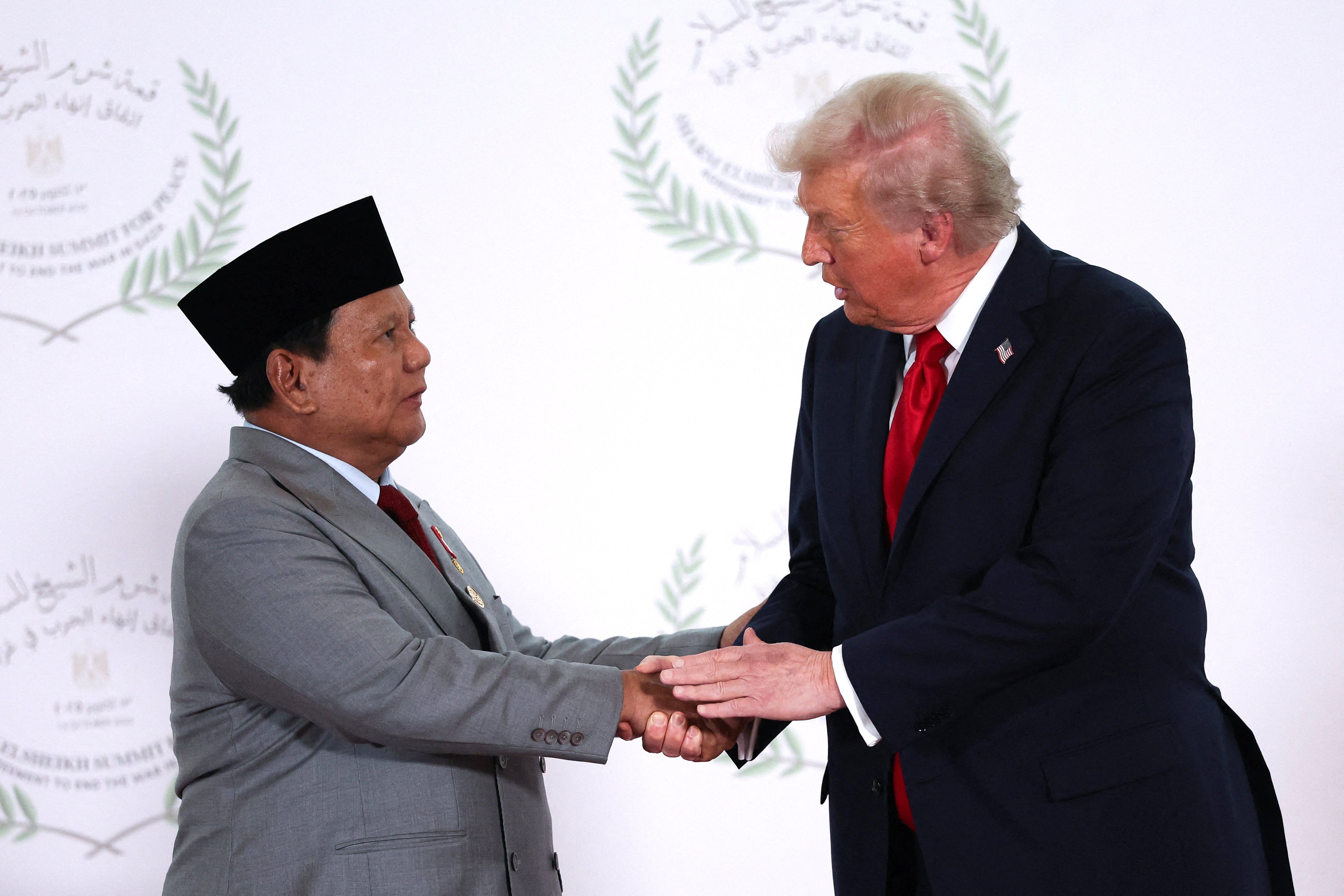 Indonesian President Prabowo Subianto (left) and US President Donald Trump in Sharm El-Sheikh, Egypt, October 13, 2025.