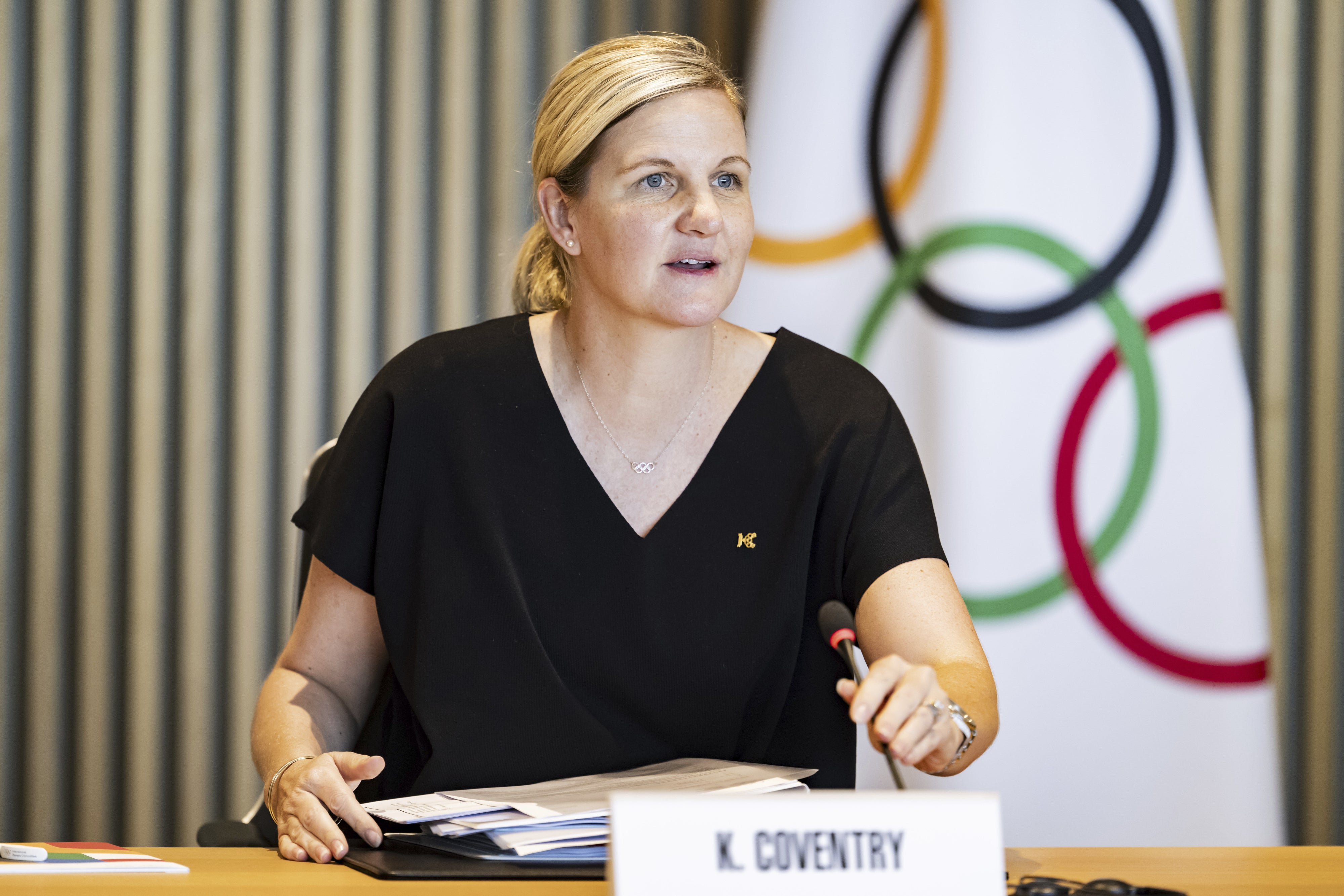 International Olympic Committee (IOC) President Kirsty Coventry speaks at the Olympic House, in Lausanne, Switzerland, June 25, 2025. 