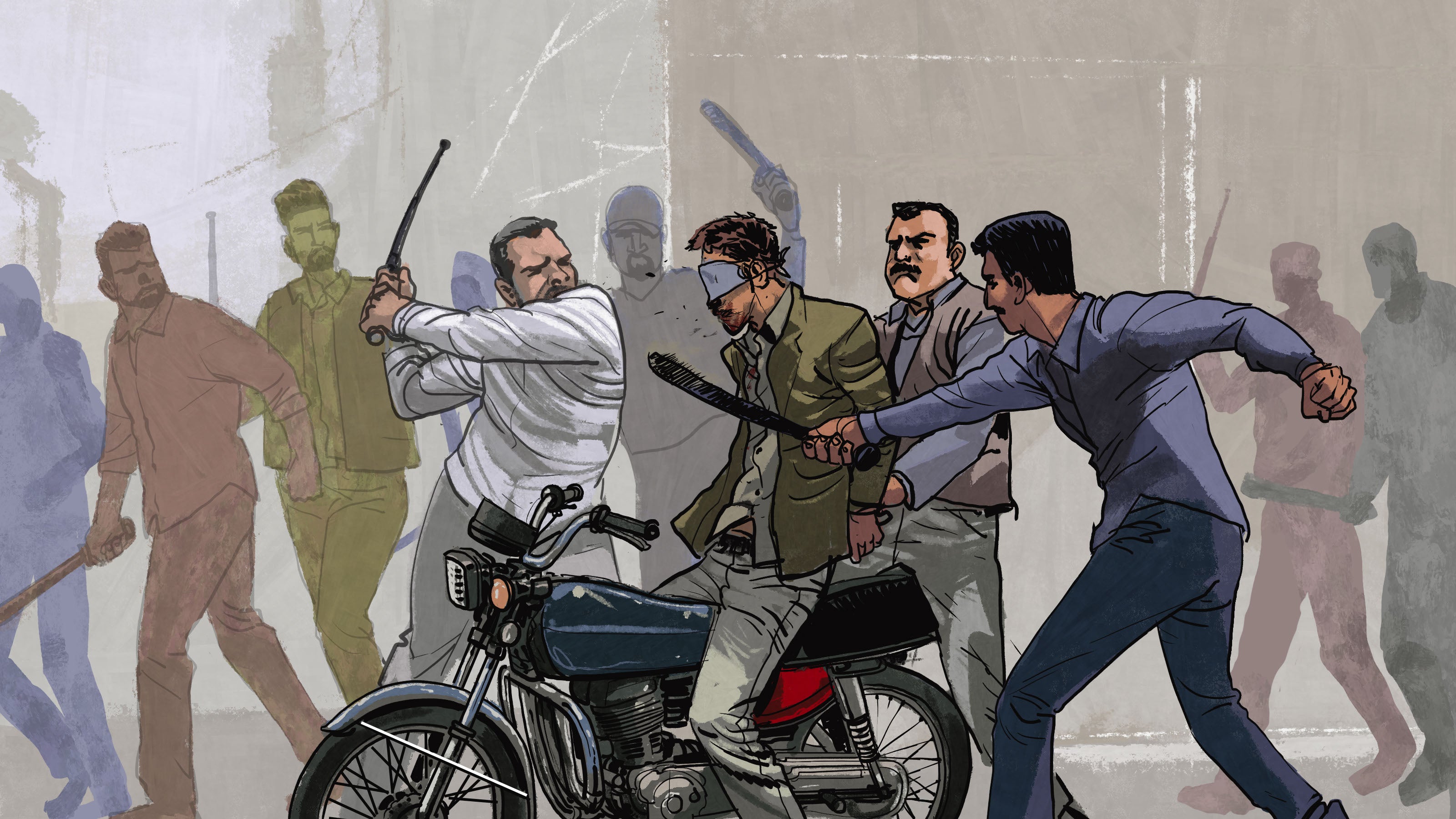 Illustration of a man being beaten while blindfolded and seated on a motorbike