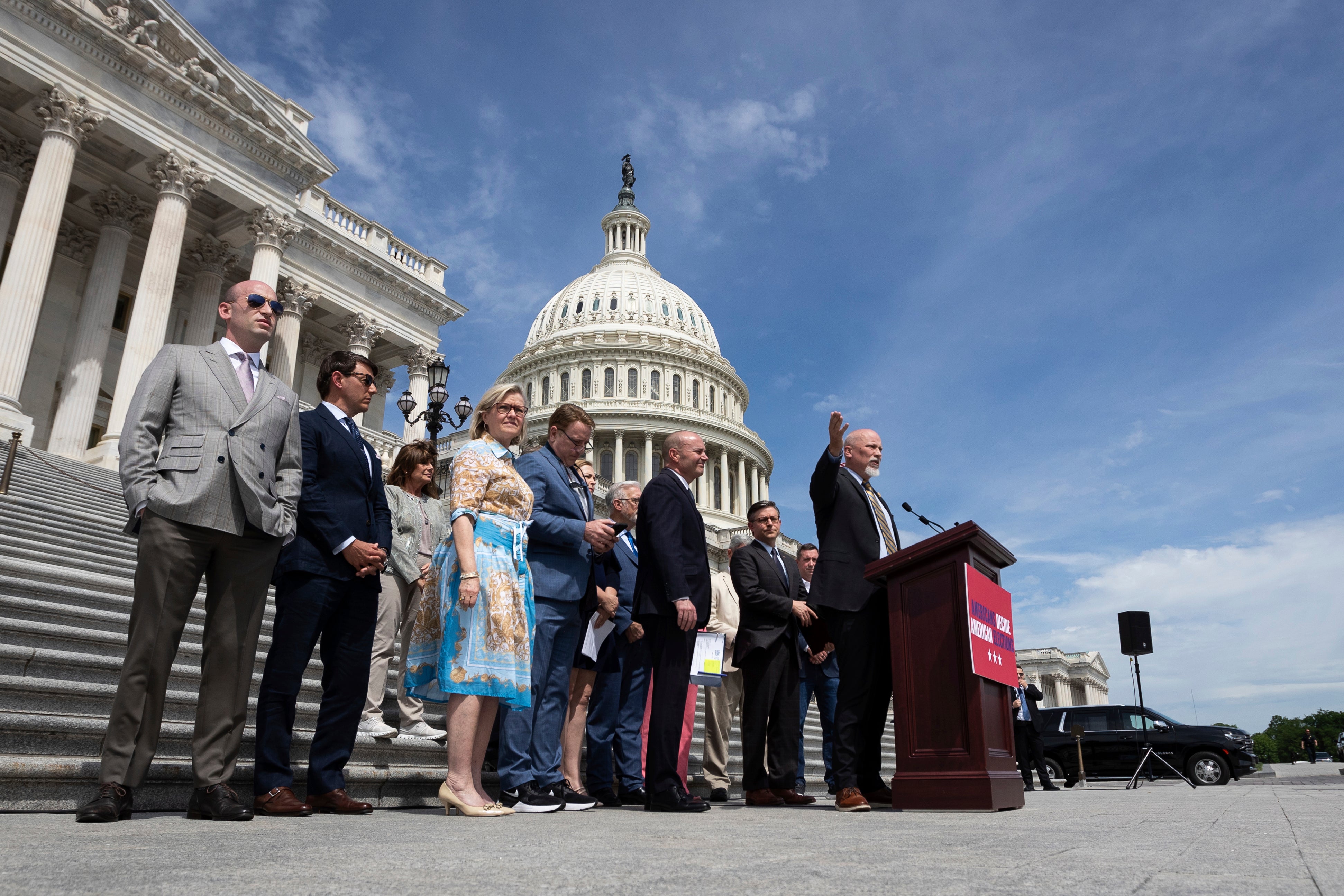  US Representative Chip Roy (R-TX) speaks during a press conference on legislation for the SAVE Act, Washington, DC, May 8, 2024. 