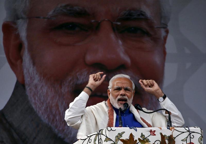 India's Prime Minister Narendra Modi addresses a rally in a cricket stadium in Srinagar, November 7, 2015.