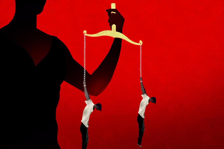 Illustration of the scales of justice replaced by two people shackled by their wrists and dangling in the air.