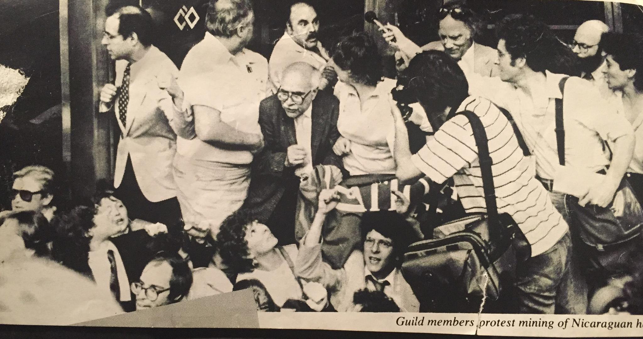 Michael Ratner (far right) and Reed Brody (fist raised) at 1984 protest of US support for Nicaraguan “contras”