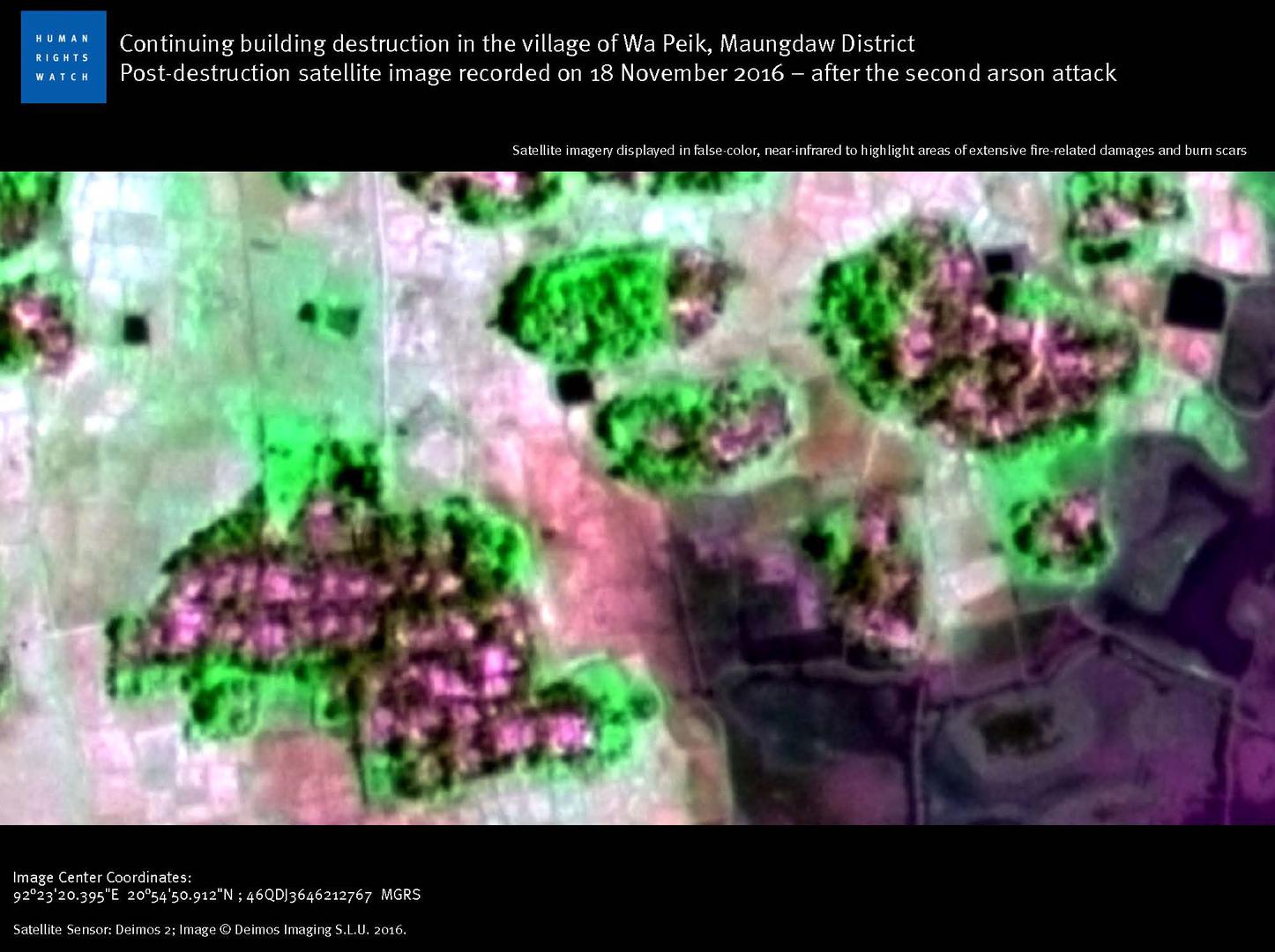 Continuing building destruction in the village of Wa Peik, Maungdaw District. Post-destruction satellite image recorded on 18 November 2016 – after the second arson attack.
