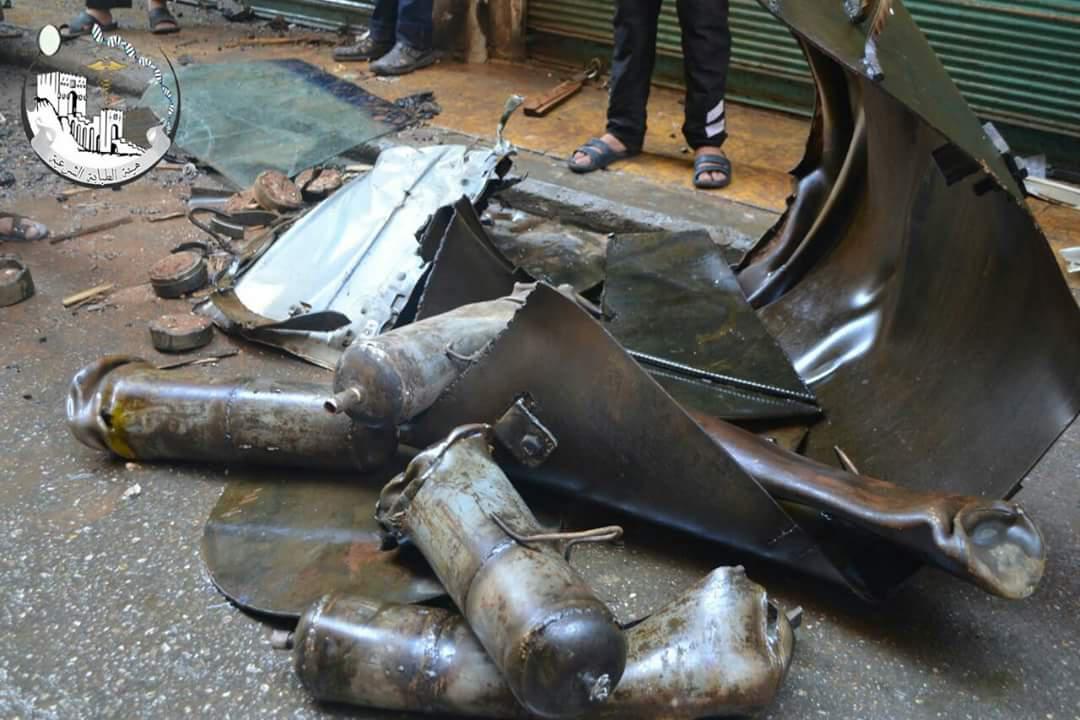 Remnants from a barrel bomb containing chemicals that struck Aleppo city on September 6, 2016. © 2016 Forensic Medical Services in Aleppo