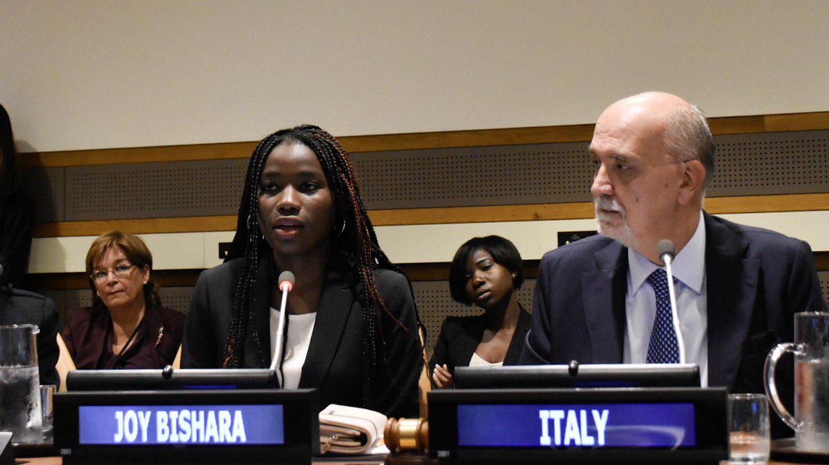 Joy Bishara is seated next to Inigo Lambertini, Ambassador Deputy PR of Italy to the United Nations, during a special “Arria formula briefing” about attacks on schools and education at the United Nations, October 13, 2017.