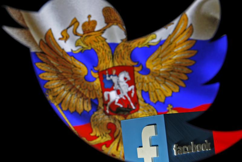 A photo illustration interweaving the Russian flag with the Facebook and Twitter logos taken in Zenica, Bosnia and Herzegovina, May 22, 2015.