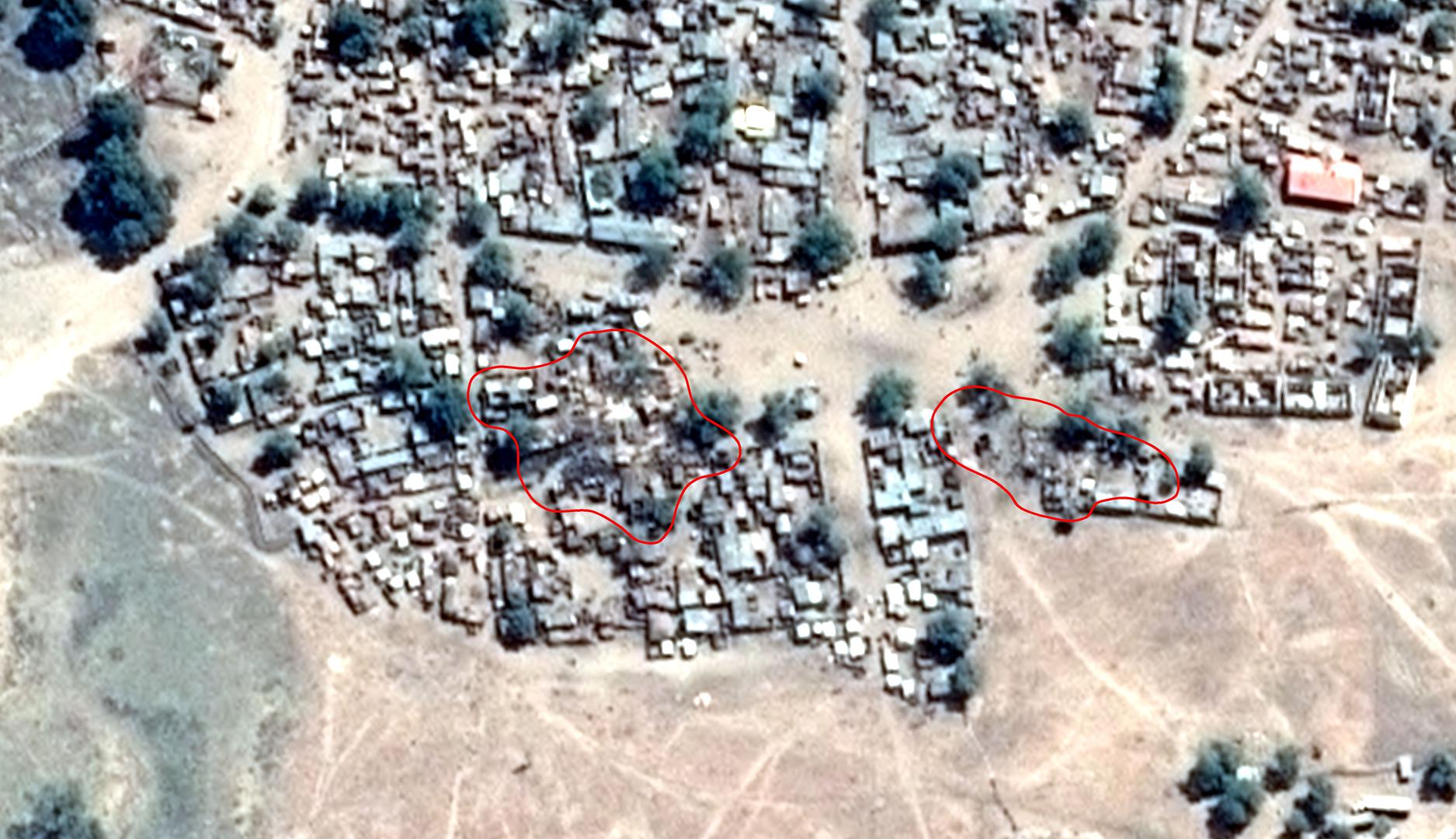 Satellite image recorded on January 18, 2017 after the air strike. Damages indicated in red.