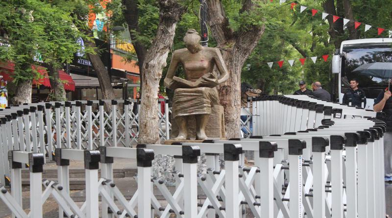 The human rights monument in Ankara cordoned off with a police barricade during Turkey’s state of emergency to prevent its use as a site of public assembly and protest, 2017.