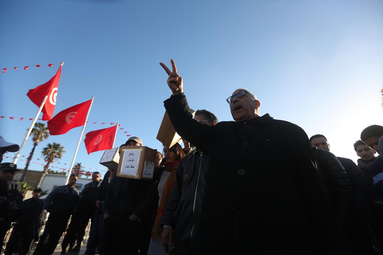 Protestors demonstrating in front of Goverment Square on March 12, 2019 in Tunis, Tunisia. 