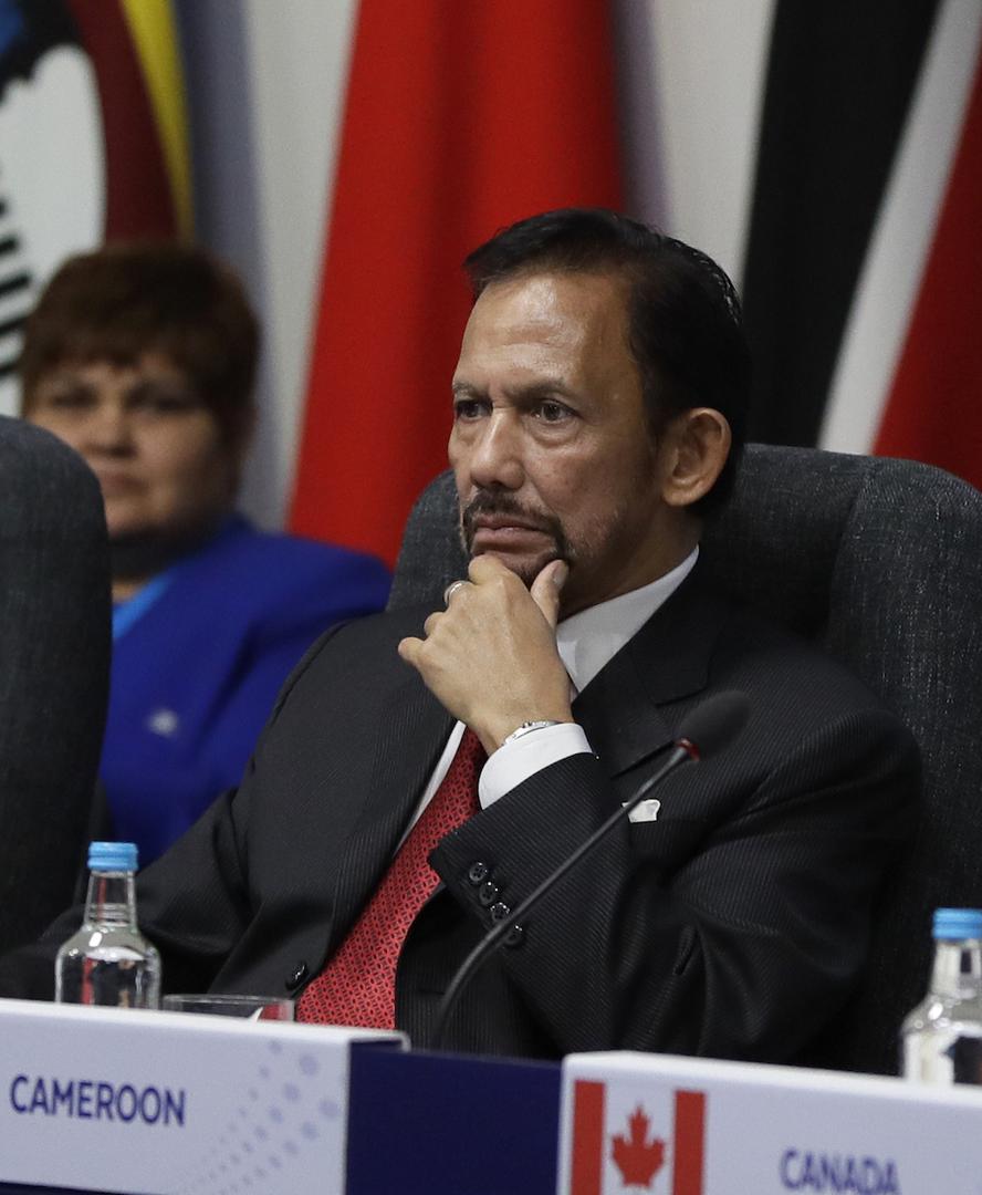 The Sultan of Brunei Hassanal Bolkiah listens during the first executive session of the CHOGM summit at Lancaster House in London, Thursday, April 19, 2018. 