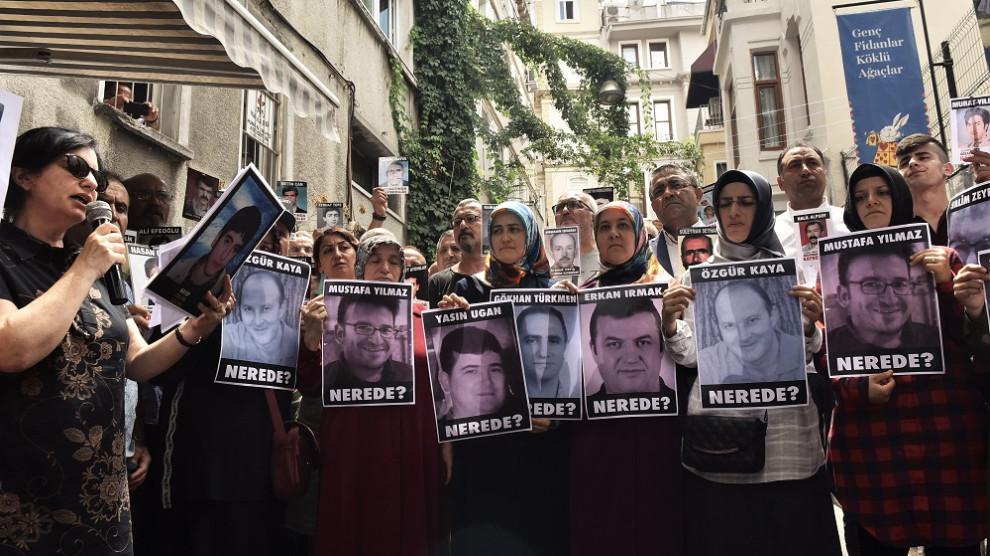 Wives of six men who went missing in February 2019 join the weekly Saturday Mothers vigil in Istanbul for families of disappeared people in Turkey, July 2019. 