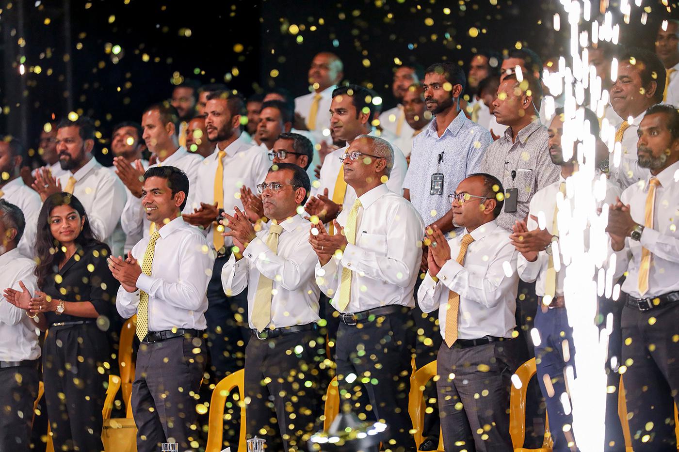 Maldives’ former President Mohamed Nasheed and current President Ibrahim Mohamed Solih take part in an election rally ahead of parliamentary polls, Malé, February 1, 2019.