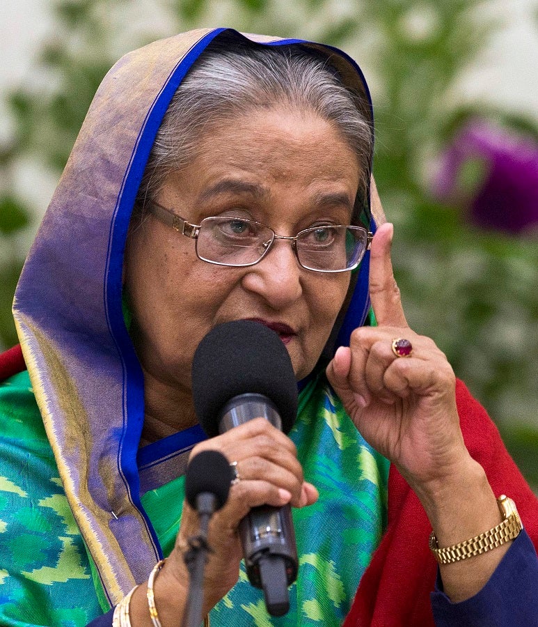 Bangladeshi Prime Minister Sheikh Hasina interacts with journalists in Dhaka, Bangladesh, Monday, Dec. 31, 2018.