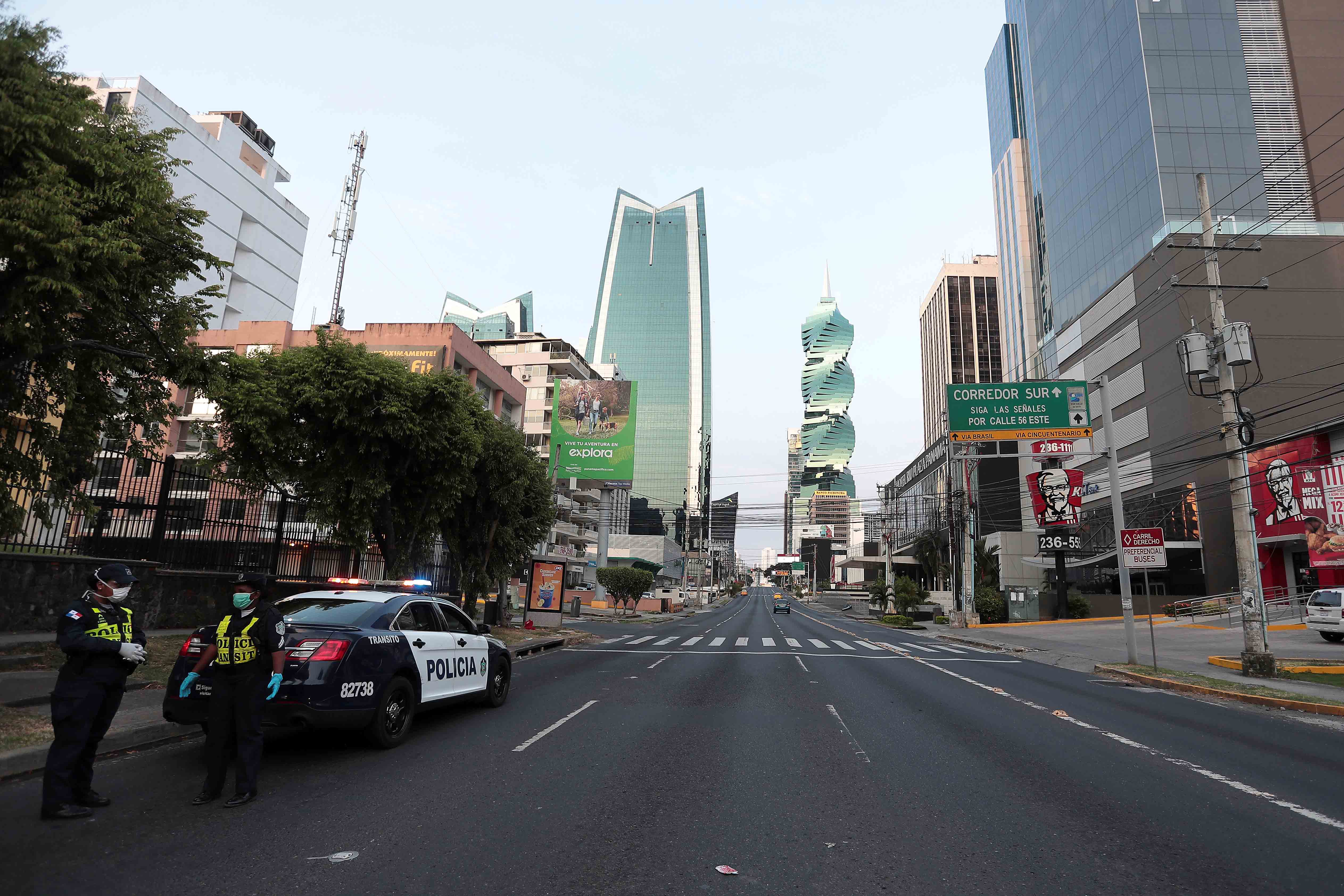 Police officers are pictured during the curfew as the coronavirus disease (COVID-19) outbreak continues, in Panama City, Panama, March 31, 2020. 