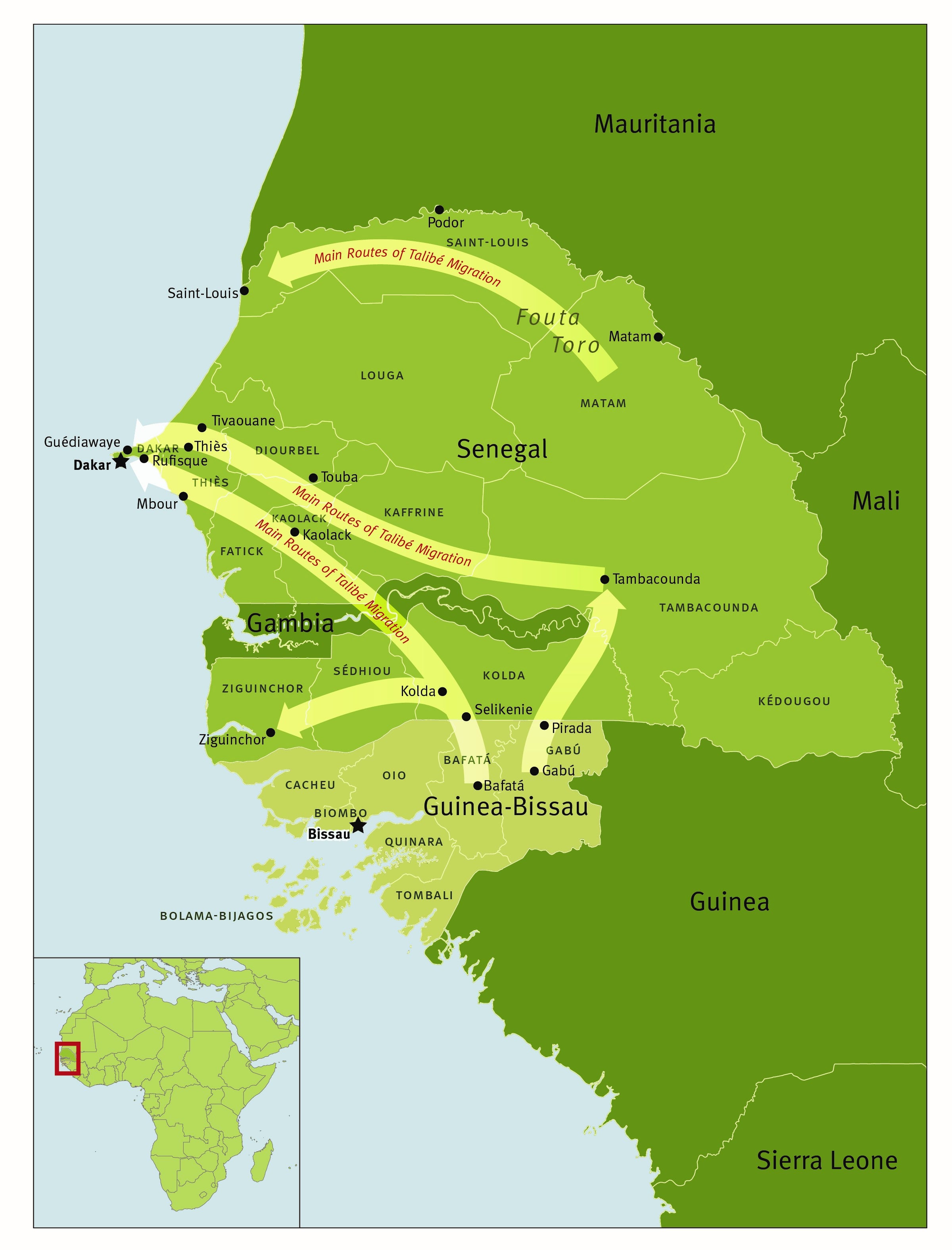 The main routes of migration in Senegal and Guinea-Bissau for boys in Quranic boarding schools marked by forced child begging.  
