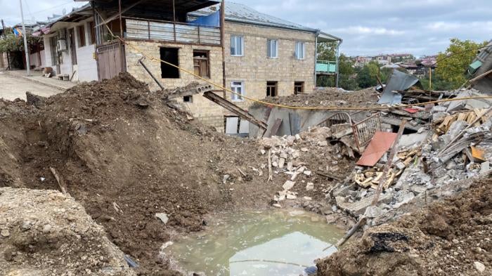 Impact crater in a residential neighborhood in Stepanakert
