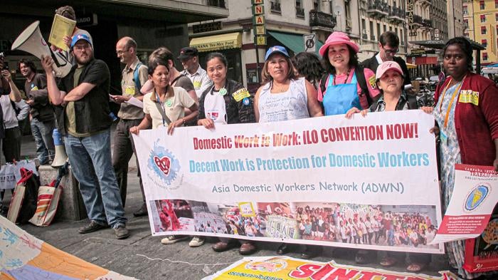 Domestic worker and human rights organizations join forces in Geneva, to demonstrate alongside the opening policy negotiations. June 2010.