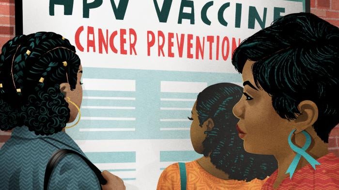 Illustration of three Black women reading a poster titled "HPV Vaccine: Cancer Prevention"
