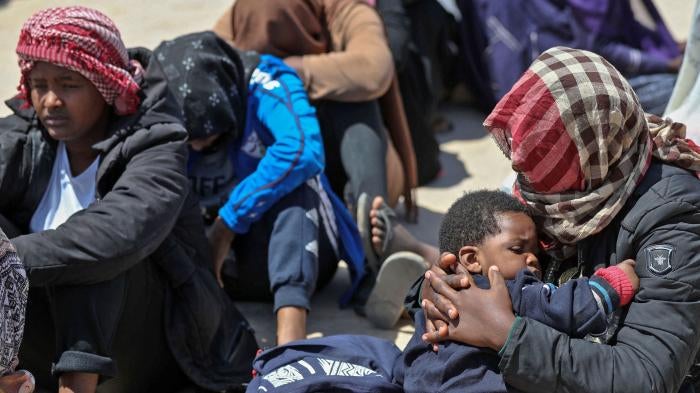 Migrants who were intercepted by Libyan authorities on a boat off the coast. 