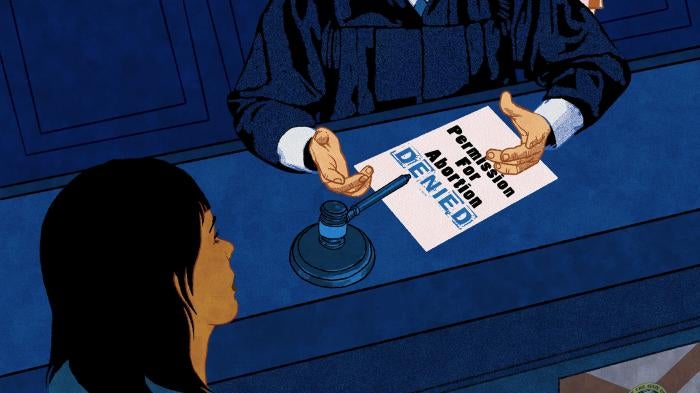 Illustration of a judge presenting a paper with the words "Permission for Abortion Denied"