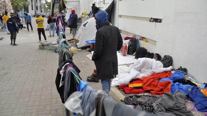 Black African migrants camp, in Tunis, Tunisia, seeking shelter and protection amidst attacks on them, March 2, 2023.