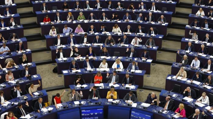 European lawmakers vote on climate change issues at the European Parliament in Strasbourg, eastern France, Tuesday, September 13, 2022.