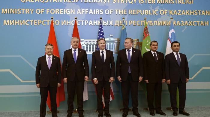 Kyrgyzstan's Foreign Minister Jeenbek Kulubaev, Tajikistan's Foreign Minister Sirojiddin Muhriddin, US Secretary of State Antony Blinken, Kazakhstan's Foreign Minister Mukhtar Tleuberdi, Turkmenistan's Foreign Minister Rashid Meredow and Uzbekistan's Foreign Minister Bakhtiyor Saidov participate in the US-Central Asia (G5+1) foreign ministerial meeting at the Ministry of Foreign Affairs in Astana, Kazakhstan, February 28, 2023.
