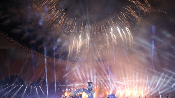 Inter Milan's players lift the trophy to celebrate winning the Italian SuperCup football match at the King Fahd International Stadium in Riyadh on January 18, 2023.