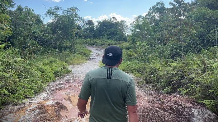 A man walks down a path through a rainforest 