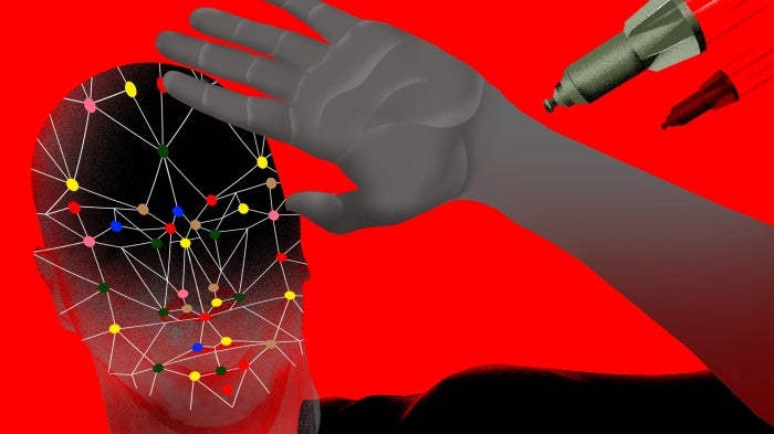 Illustration of a person shielding their face from oncoming autonomous weapons