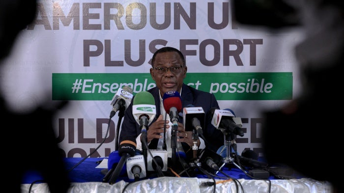 Cameroonian politician Maurice Kamto speaks in press conferencer