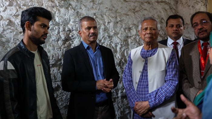 Chief Advisor Muhammad Yunus (3rd L) visits three secret detention facilities known as "Ayna Ghor," which had been used as torture cells during the Awami League government's rule, Dhaka, Bangladesh, February 12, 2025.
