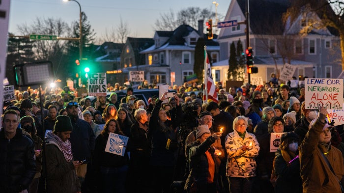 Community members attend a vigil for Renee Nicole Good, following a fatal shooting by an Immigration and Customs Enforcement (ICE) agent in Minneapolis, Minnesota, US, January 7, 2026.