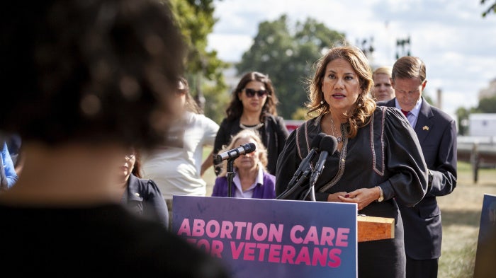 Rep. Veronica Escobar (D-TX) speaks at a press conference on the need to provide the full suite of reproductive healthcare services to veterans in all states, Washington, DC, US, September 27, 2022.
