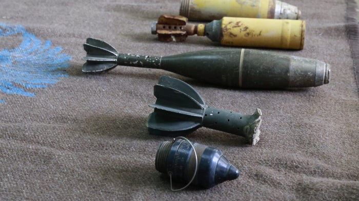 Ammunition set out for a mine-risk education event to raise students’ awareness about the threat of landmines and unexploded ordnance from past conflicts, in Shebaa, Lebanon, January 21, 2026. 