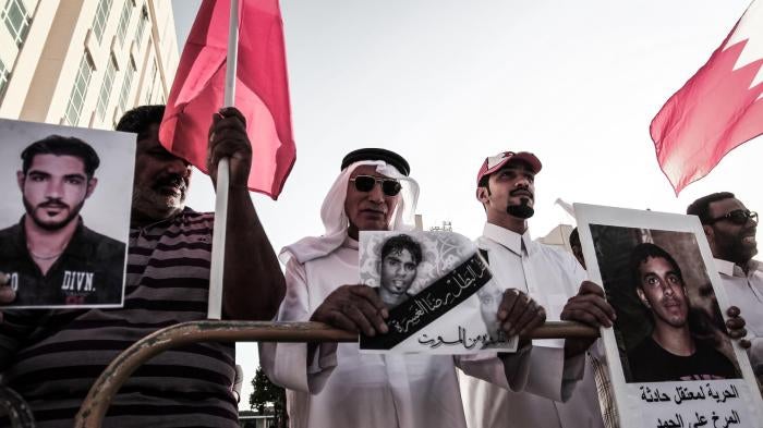 Bahrain, Manama - Sit-in next to the United Nations building in the capital Manama organized by Bahrain opposition in the International Day in Support of Victims of Torture on June 26, 2014.