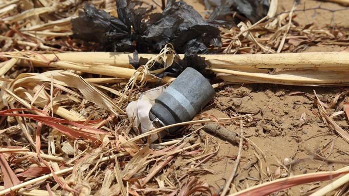 An unexploded M77 DPICM submunition found in Dughayj village, northern Yemen, after a cluster munition attack in June or July 2015. 