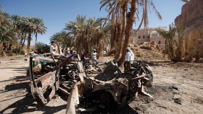 The remnants of a US drone strike on August 29, 2012 in Khashamir, Yemen. The strike killed three alleged members of Al-Qaeda in the Arabian Peninsula, a policeman, and a cleric who preached against the armed group. 