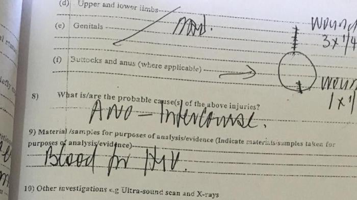 A medical report filled out by a doctor in Kampala, Uganda, after conducting a forced anal examination on a man suspected of consensual same-sex conduct.